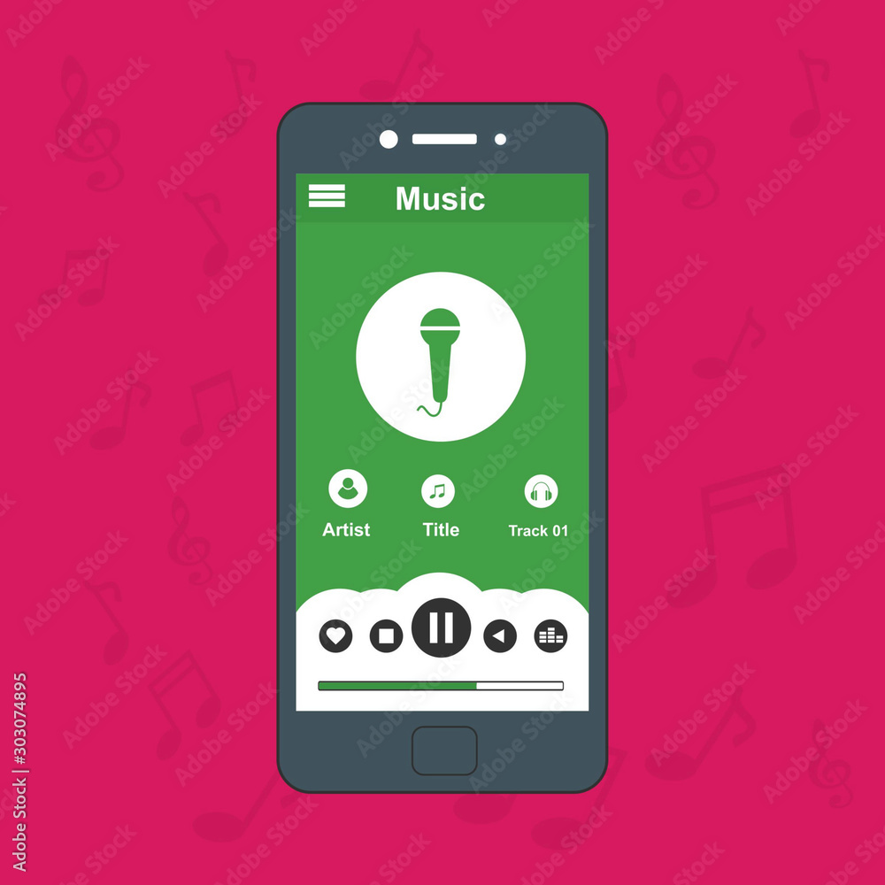 Aufkleber mobile music application with smartphone icon interface with panel control in modern flat design tem