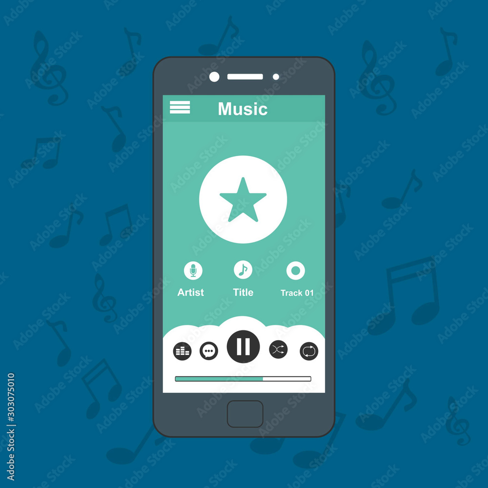 Aufkleber mobile music application with smartphone icon interface with panel control in modern flat design tem