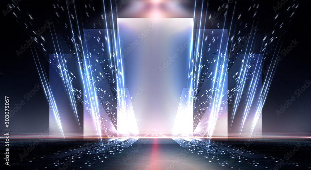 Wall mural empty dark abstract background. background of an empty show scene. glow of neon lights on an empty s