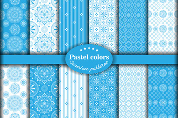 Set of seamless light blue pastel color flower patterns on white backgrounds