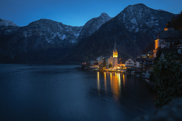 Fototapeta premium Hallstatt Village and Mountains at night - Hallstatt, Austria