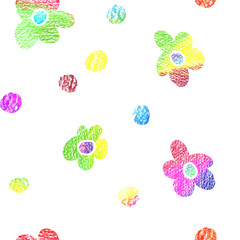 Trendy Seamless pattern with color pencil drawn flowers, with decorative elements. Floral stylish modern wallpaper for children's room, clothers, wrapping, decor, decoupage.