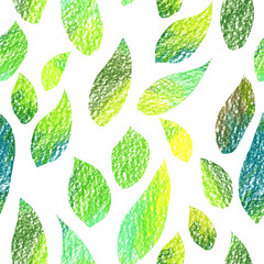 Color pencil textured seamless pattern. Floral stylish background with graphic leaves