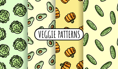 Set of colorful vegetables seamless patterns. Flat design collection of background texture tiles