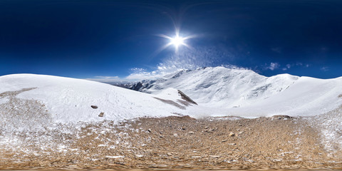 Spherical panorama of the Pamir mountain. Slope of Lenin Peak to an altitude of 5800 meters. Spherical panorama 360 degrees 180 Mountain hiker to climb a mountain of snow couloir.