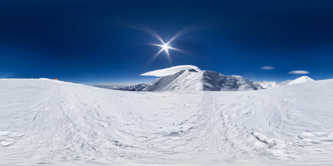 Spherical panorama of the Pamir mountain. Slope of Lenin Peak to an altitude of 6100 meters. Spherical panorama 360 degrees 180 Mountain hiker to climb a mountain of snow couloir.