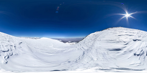 Spherical panorama of the Pamir mountain. Slope of Lenin Peak to an altitude of 6900 meters. Spherical panorama 360 degrees 180 Mountain hiker to climb a mountain of snow couloir.