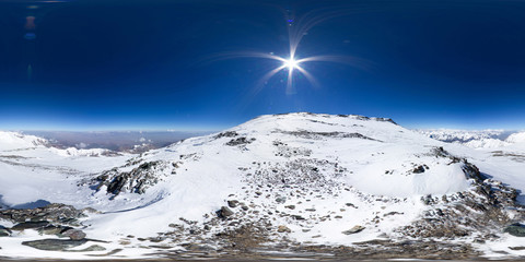 Spherical panorama of the Pamir mountain. Slope of Lenin Peak to an altitude of 7100 meters. Spherical panorama 360 degrees 180 Mountain hiker to climb a mountain of snow couloir.