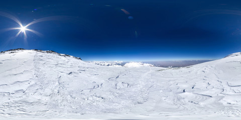 Spherical panorama of the Pamir mountain. Slope of Lenin Peak to an altitude of 7050 meters. Spherical panorama 360 degrees 180 Mountain hiker to climb a mountain of snow couloir.