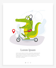 A cute flat style crocodile rides a scooter and listens to music. Vector Illustration © Roman