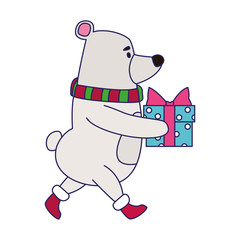 cute polar bear with gift box icon, flat design