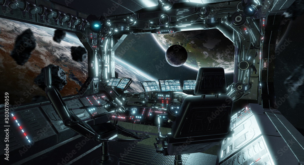 Poster Spaceship grunge interior control room with view on space 3D rendering elements of this image furnished by NASA
