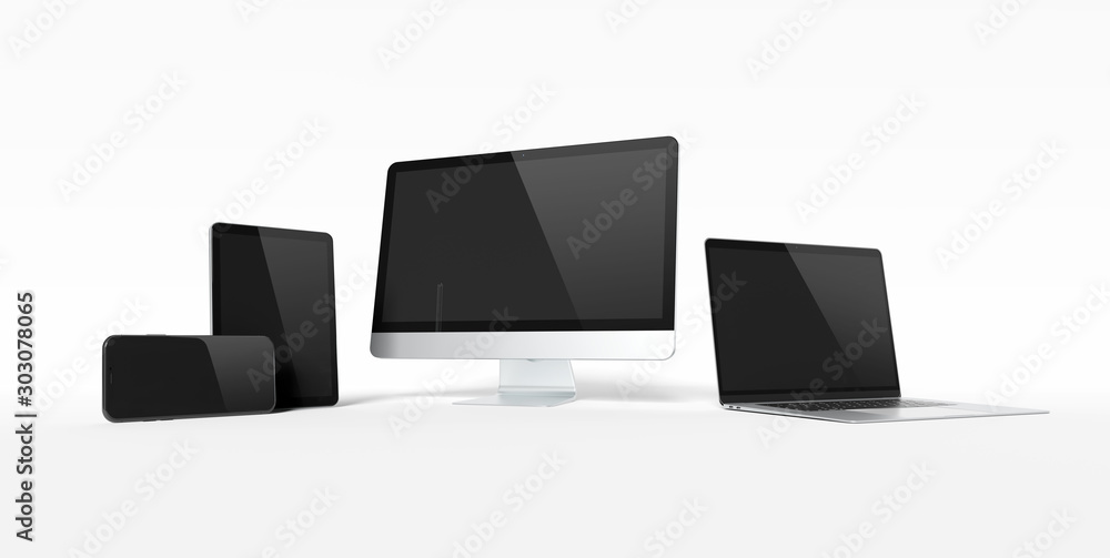 Leinwandbilder modern devices with smartphone laptop computer and tablet aligned and isolated on white mockup 3d re