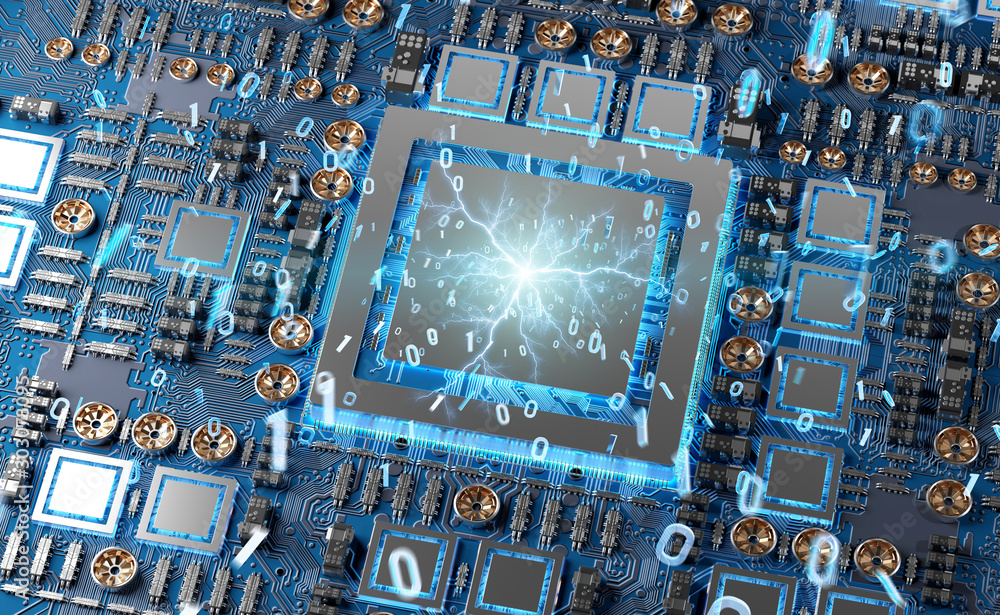 Fototapete close-up view of a modern gpu card with connections 3d rendering
