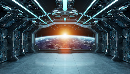 Dark blue spaceship futuristic interior with window view on planet Earth 3d rendering © sdecoret