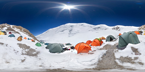 Spherical panorama of the Pamir mountain. Slope of Lenin Peak to an altitude of 5300 meters.