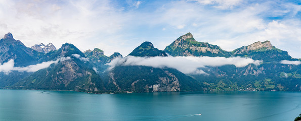 Switzerland, Panoramic view on green Swiss Alps and lake Lucerne near Isleten, Bauen
