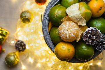 Christmas and New Year basket with winter tangerines