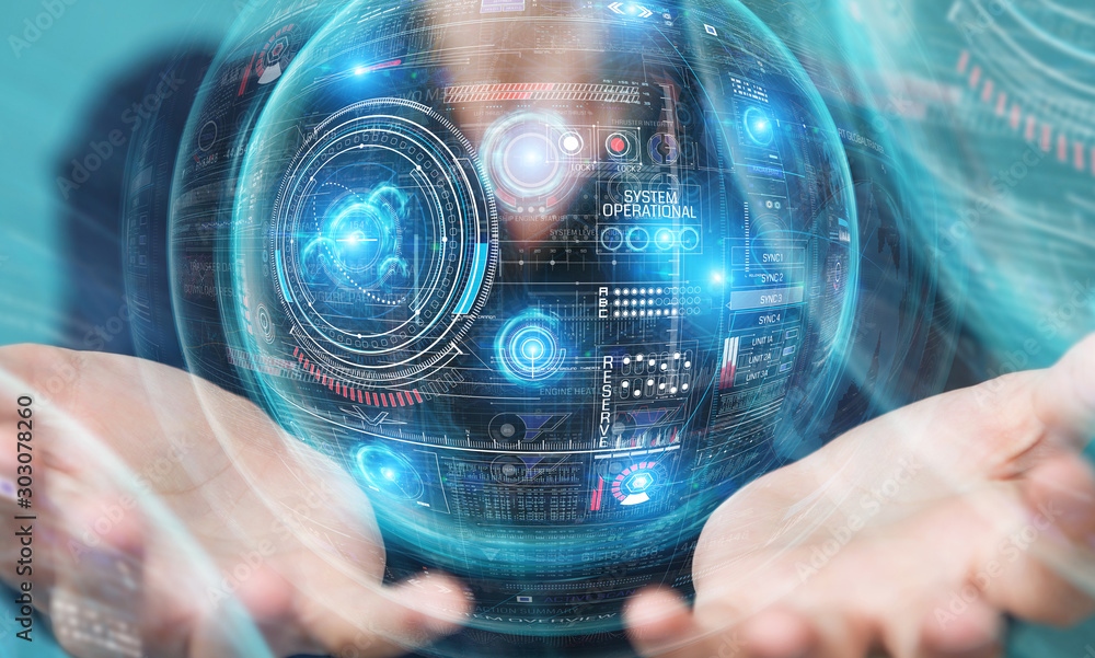 Fototapete woman using digital technological interface with datas 3d rendering