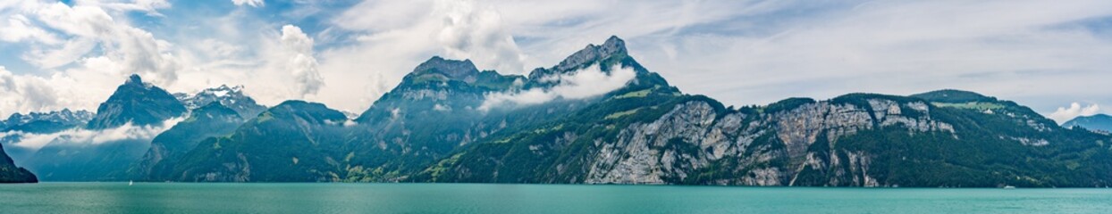 Switzerland, Panoramic view on green Swiss Alps, Bauen, Niederbauen peak.