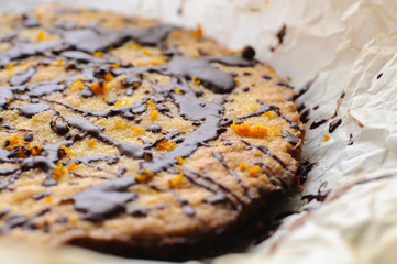 orange pie drizzled with chocolate