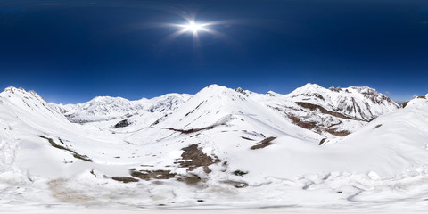Spherical panorama of the Pamir mountain. Spherical panorama 360 degrees 180 Mountain hiker to climb a mountain of snow couloir.