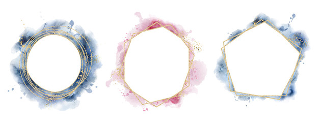 polygonal frame. Gold glitter triangles, geometric shapes. Diamond shape with watercolor washes.