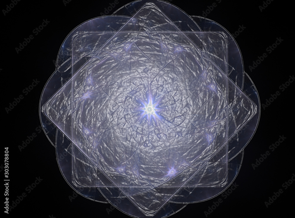 Poster particles of abstract fractal forms on the subject of nuclear physics science and graphic design. ge