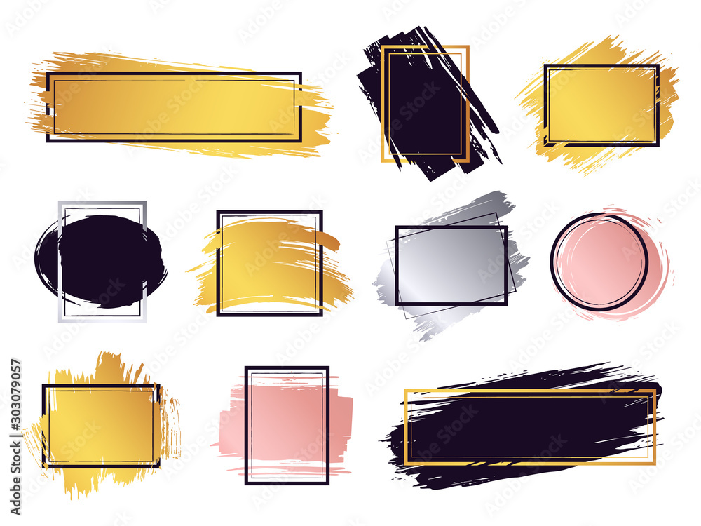 Fototapete glamour ink brush frame. gold frame elements, commercial boxes for text, ink brush stroke border, mo