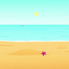 Fototapeta na wymiar Sea Beach, Soft wave of blue ocean and starfish on sand coast. Seashore vector illustration for travelling and vacation design. Summer time.