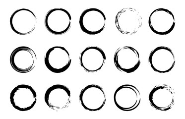 Round grunge brush frames. Circle and stamp brush stroke borders, artistic brush blots and black paint frame design vector isolated elements set. Grungy dry brushstroke rings, stains, smears