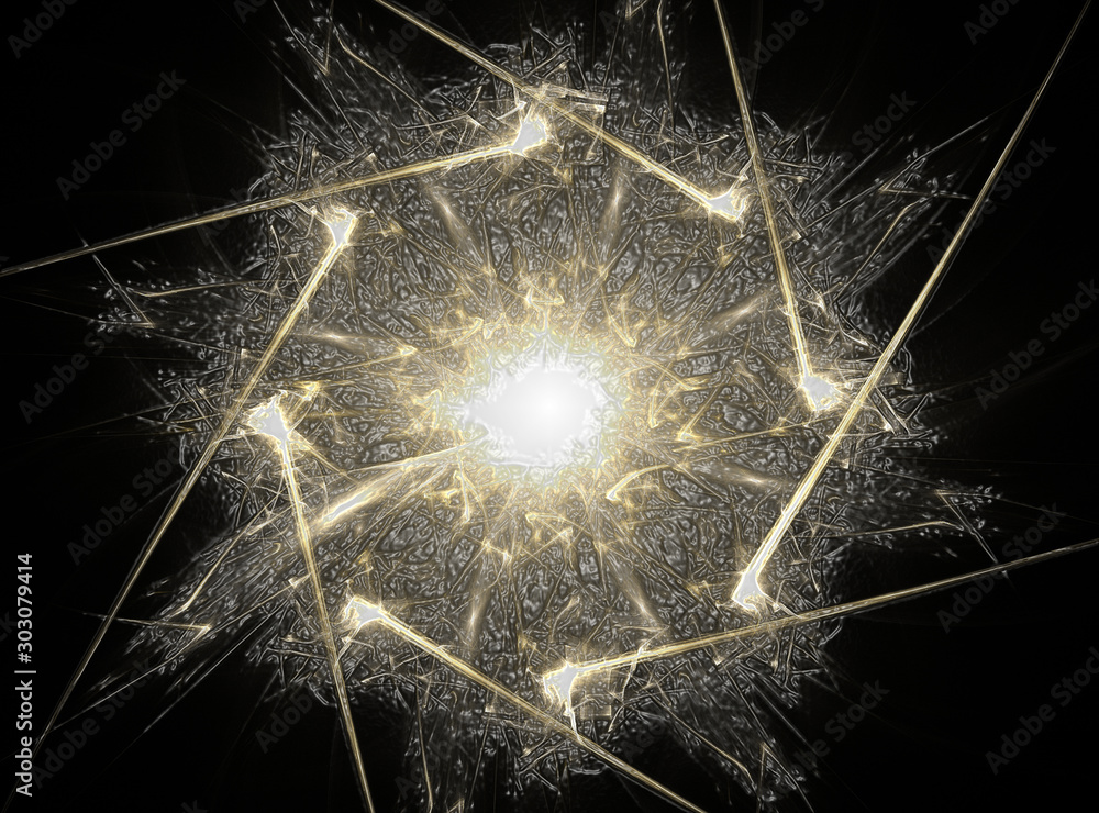 Poster particles of abstract fractal forms on the subject of nuclear physics science and graphic design. ge