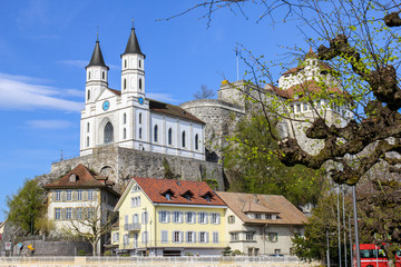 Aarburg, Switzerland - April 01. 2014: Aarburg Castle and church, Canton Aargau, Switzerland. It is a medieval castle. It is classified as a Swiss heritage site of national significance.