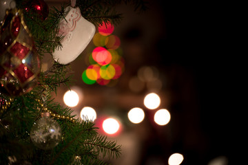 Fototapeta na wymiar Background of Christmas Tree Ornaments and Lights
