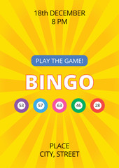 Bright fun bingo poster template with yellow glowing background and balls. Vector flyer, card or banner for lottery with sample text. A4 standard scaled format