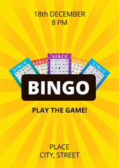Vivid stylish bingo poster with yellow glowing background and tickets. Vector flyer, invitation or banner for lottery with sample text. A4 standard scaled format