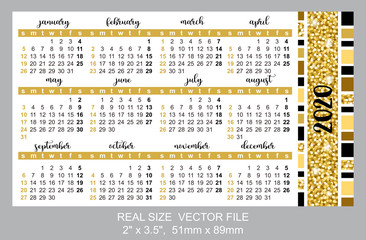 Pocket calendar 2020, start on Sunday, vector. Decoration of gold textureSIZE: 2" x 3.5", 51mm x 89mm