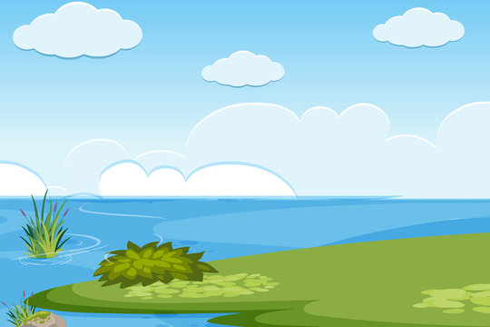 Landscape background design with lake at daytime