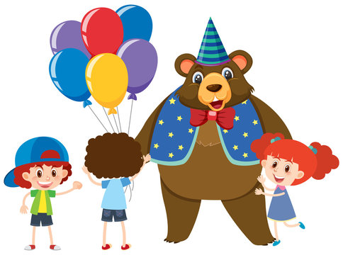 Circus bear and three kids