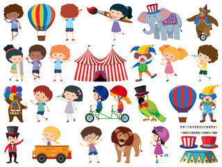 Large set of isolated objects of kids and circus