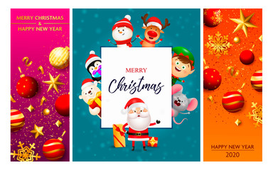 Christmas and New Year postcard set with cartoon characters