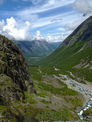 Norwegian Trollstigen in front of a blue sky