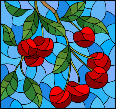 Illustration in the style of a stained glass window with the branches of cherry  tree , the  branches, leaves and berries against the sky