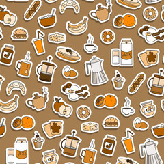 Seamless pattern on Breakfast and food theme, simple sticker icons on a brown background, sepia