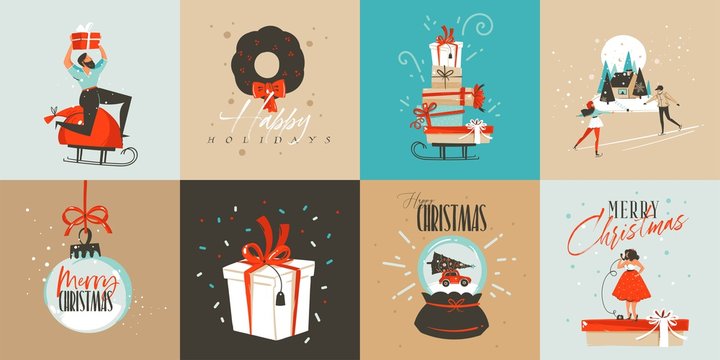 Hand drawn vector abstract fun Merry Christmas time cartoon cards collection set with cute illustrations,surprise gift boxes,dogs and handwritten modern calligraphy text isolated on white background.