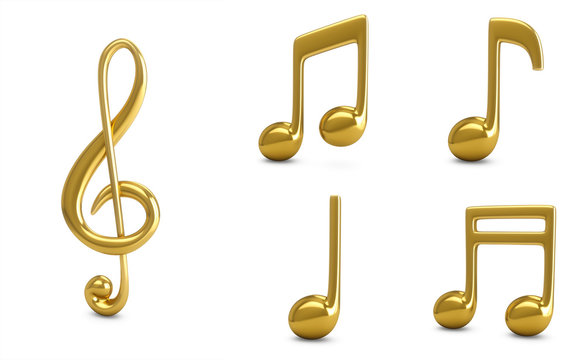 3d Rendering Set Golden Music Notes isolated on white background