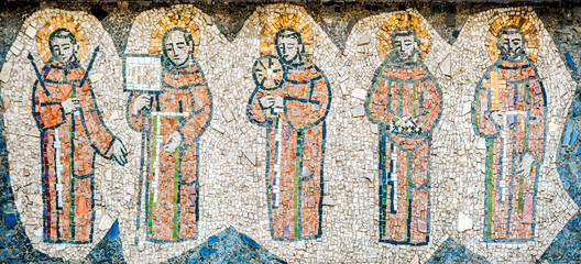 five Christian monks represented in a tile mural © pifate