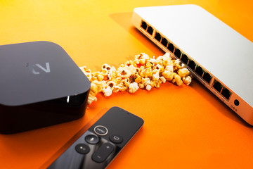 Remote control devices concept. Set of controller and micro console for TV watching and online...