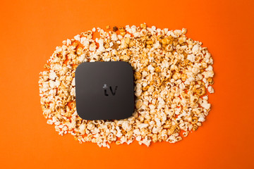 Remote control devices concept. Set of controller and micro console for TV watching and online...