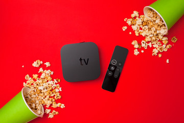 Remote control devices concept. Set of controller and micro console for TV watching and online...